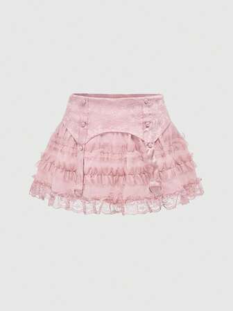 Valentinstag Gothic Jacquard Mesh Spitze Patchwork Kuchensaum Frauen Minirock mit niedriger Taille