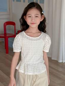 DAZY Áo thun dệt kim tay ngắn cổ tròn dáng phồng cho bé gái tuổi teen, thích hợp mặc mùa thu hè. - Màu be - Xem 9