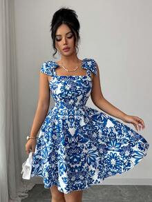 Elenzga New Floral Print Shoulder Tie Cinched Waist A-Line Dress, Flattering Silhouette, Elegant Casual Vacation Dress - Multicolor - View 5