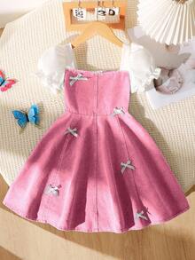SHEIN Playful Pals 女童粉色丹寧公主洋裝，夏季派對穿搭，適合7歲生日，短澎袖方領修身 A 字裙，附蝴蝶結裝飾 - 粉色 - 查看 4