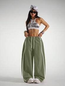 StreetHx Women's Striped Elastic Waist Fashionable Versatile Loose Sports Barrel Leg Pants - Green - View 4