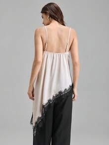 Ontre 女士缎面弹力面料舒适吊带长款上衣，修身剪裁，蕾丝饰边点缀，不对称下摆设计，现代都市休闲商务风，优雅夏季上衣 - 杏色 - 查看 7