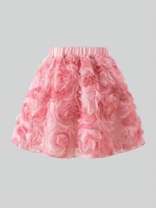 SHEIN Young Girls Sweet Elegant Apricot 3D Rose Textured Mesh A-Line Princess Mini Skirt - Pink - View 1