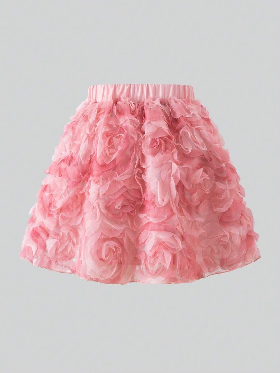 SHEIN Young Girls Sweet Elegant Apricot 3D Rose Textured Mesh A-Line Princess Mini Skirt - Pink - View 1