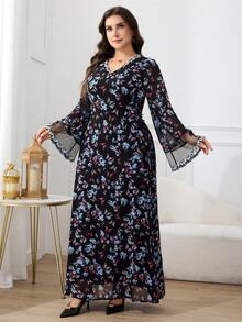 Al Najma 大码女式V领蝴蝶印花宽松土耳其长裙，阿拉伯传统风格 - 彩色 - 查看 6