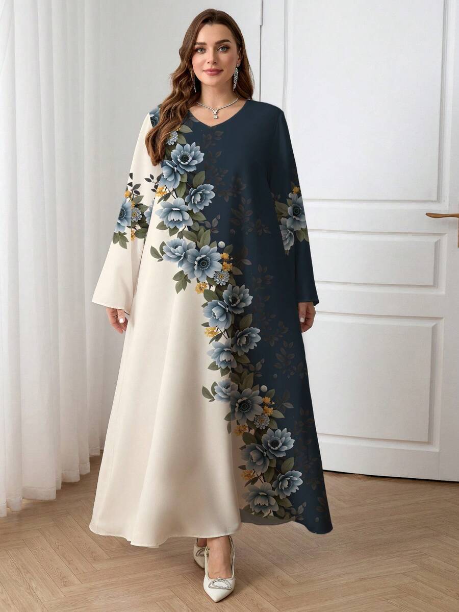 Al Najma 大码休闲印花长袖阿拉伯风格连衣裙 - 彩色 - 查看 1