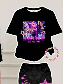 2pcs/Set Tween Girls Black Cartoon Character Print Loose Fit Crew Neck Short Sleeve T-Shirt And Flare Pants, Casual Outfit For Spring/Summer Daily Wear And Outings - Multicolor - View 3