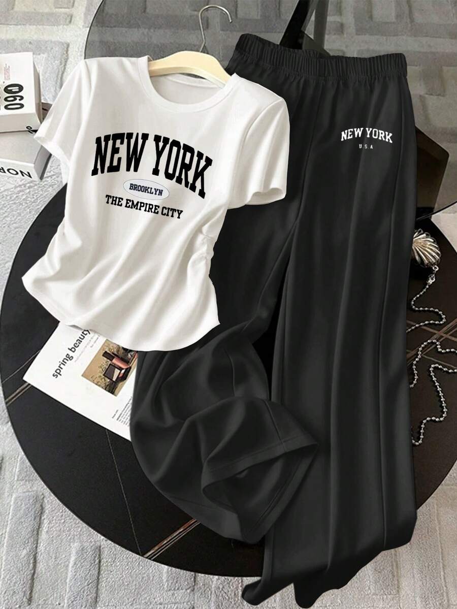 Resyla 女士字母印花褶皱圆领短袖T恤和阔腿裤休闲两件套 - 彩色 - 查看 1