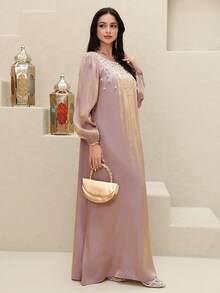 Al Najma 女士圆领长袖串珠优雅宽松阿拉伯风格连衣裙 - 粉色 - 查看 8