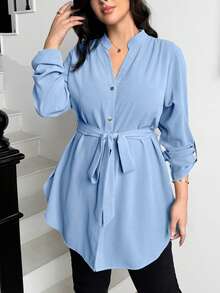 SHEIN Essnce 大码女式秋冬宽松长袖红色长衬衫，V领，适合工作、教师、返校、办公室穿着、春季上衣 - 淺藍色 - 查看 7