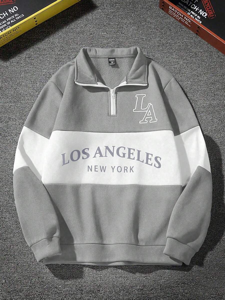 Manfinity Campus Court Men's Letter Graphic Quarter Zip Thermal Lined Sweatshirt, Fall/Winter, Long Sleeve Top - Multicolor - View 1