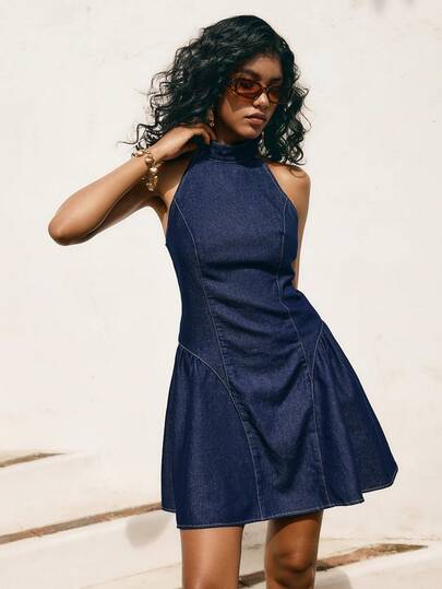 Poéselle Women's Solid Color Mandarin Collar Sleeveless Casual Denim Dress