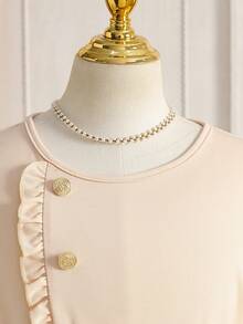 少女圆领系带褶裥短袖装饰连衣裙，春秋季 - 杏色 - 查看 3