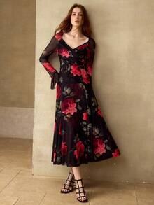 MOTF PREMIUM WOMEN'S ROSE PRINT ELEGANT LONG SLEEVE MIDI-LENGTH DRESS, SUITABLE FOR DATES, SPRING/SUMMER - Multicolor - View 8