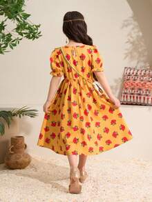 Girls Yellow Tunic Abaya Kaftan Jalabiya,Blue Butterfly,Summer,Party Middle Eastern Muslim Cartoon Moon & Star Pattern,Modest Dress With Floral Ruffle - Yellow - View 2