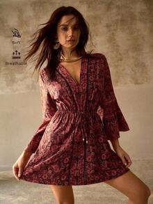 MOTF PREMIUM V-NECK FLORAL FLARE SLEEVE ROMANTIC LIGHTWEIGHT CHIFFON BOHO COVER UP - Multicolor - View 6