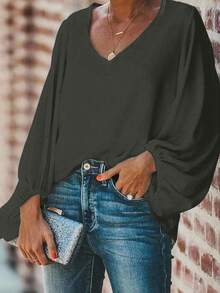 INAWLY Plus Size Solid Color V-Neck Elegant Commuter Long Sleeve Shirt Fall Cloth For Women - Black - View 4