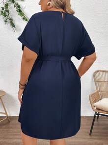 Plussiva Gaun Kasual Lengan Pendek Leher Bulat Warna Polos untuk Wanita Hamil Ukuran Besar, Musim Panas - Navy Blue - View 2
