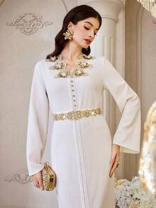 Al Najma Women's Elegant Sequin Embroidered Textured Arabic Style Dress, Autumn - Apricot - View 1