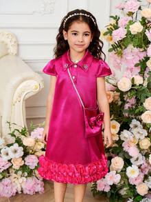 1 pieza Vestido de línea A con mangas de volantes, cuello de satén, abertura delantera, decoración de strass y perlas, bolso bandolera a juego con lazo, volantes en el bajo, vestido elegante y versátil de estilo retro para niñas en verano - Morado - Ver 8