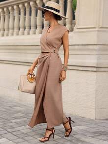 Editum Đầm dài tay kín đáo, thanh lịch, cổ chữ V, xếp ly ở phần ngực và eo cao dành cho nữ. - Lạc đà - Xem 6