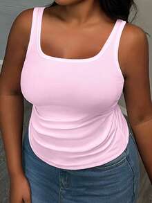 Slaydiva Camiseta de tirantes ajustada con cuello en V profundo, talla grande, de punto acanalado con fruncidos laterales, color blanco semitransparente - Rosa - Ver 2