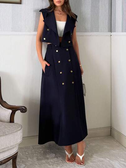 EURMUSE Navy Double‑Breasted Sleeveless Gold Button Cropped Vest And Longline A‑Line Skirts Sets, Elegant Office Workwear, Business Casual To Evening Gown, Wedding‑Guest & Date‑Night Outfit Navy Blue Elegant Set Button Vest Skirt Set Vest Suit Set Double Breasted Vest Long Skirt Navy Blue Skirt Suit Button Detail Matching Set Vest Top And Maxi Skirt Elegant Two Piece Outfit Double-Breasted Detail Navy Blue Elegant Dress Button Dress Vest Dress French Style Dress Captains Dinner Dress