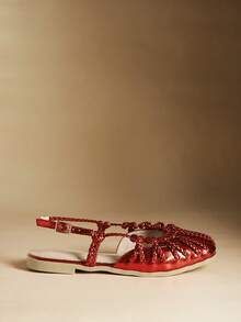 Rosivie 女士平底凉鞋，金色编织带闭趾平底鞋 - 熱烈紅色 - 查看 2