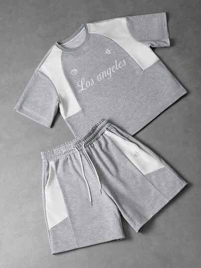 PAVTROS 男士字母印花圆领短袖休闲T恤和抽绳腰短裤套装