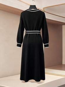 GlowEve 女士优雅长袖裹身裙，撞色饰边和结饰 - 黑色 - 查看 2