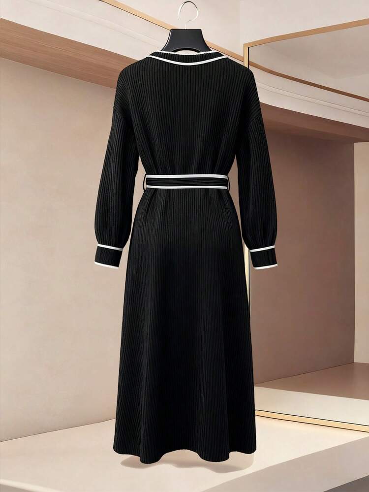 GlowEve 女士优雅长袖裹身裙，撞色饰边和结饰 - 黑色 - 查看 2