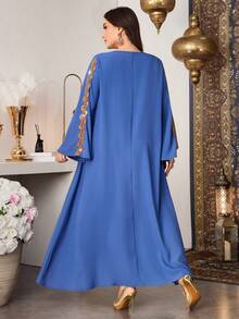 Al Najma Elegantes Patchwork-Kleid mit bunter, bestickter Blumenapplikation und Glockenärmeln, für Frühling/Sommer - Blau - Übersicht 7