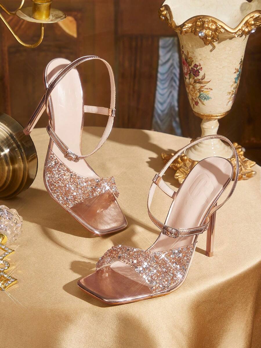 CUCCOO TILAWA Giày sandal cao gót thời trang nữ gợi cảm, đính đá lấp lánh, thích hợp cho các hoạt động ngoài trời và tiệc tùng, giày mùa xuân/hè, giày dự tiệc lễ Phục sinh và dạ hội. - Rượu sâm banh - Xem 1