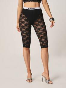 Missguided x Playboy Branded Knee Length Lace Capri Leggings With High Rise Waistband And Sheer Floral Pattern For Layering - Black - View 4
