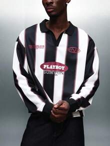 PLAYBOY X SUMWON 条纹 Polo 衫，背面印有大图案，短袖，翻领，纽扣门襟，常规版型，休闲男装 - 彩色 - 查看 4