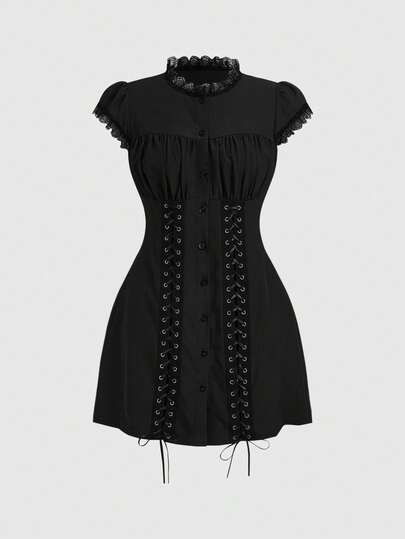 Goth Abito camicia da donna versatile per pendolari, di colore unito, con spalle regolari, bottoni, fiocco e occhielli, aderente