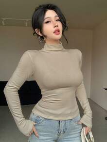 DAZY Camiseta de cuello alto ajustada con forro térmico para mujer - Albaricoque - Ver 6