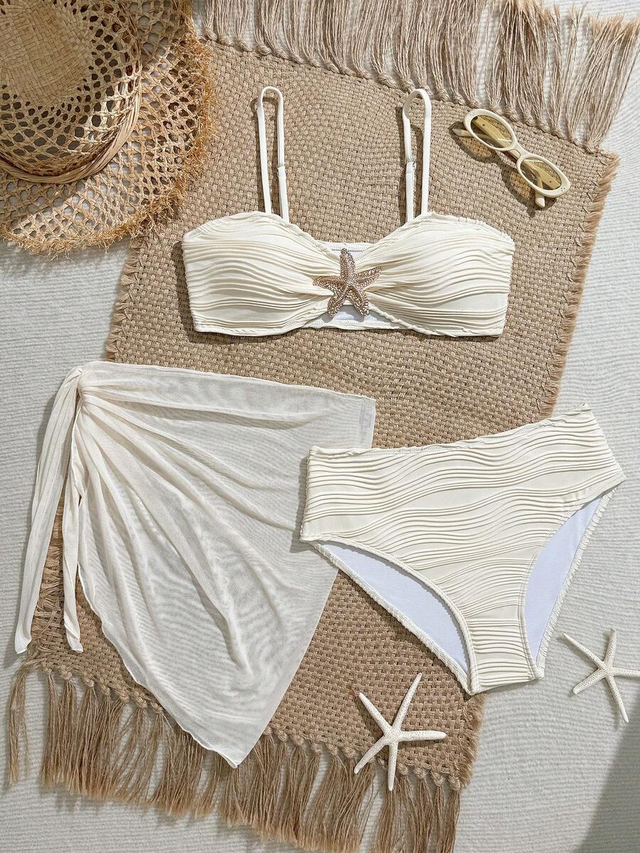 SHEIN 少女纯色纹理吊带比基尼套装，配米色网纱迷你裙，三件套比基尼，带纱笼裙，少女比基尼套装，含裙子，保守比基尼套装，白色两件套，奶油色比基尼，三件套泳装，白色比基尼套装，沙滩女孩套装，三件套泳装，三件套泳衣，青少年沙滩装，三件套泳衣套装，三件套比基尼套装，度假两件套，三件套泳装，三件套泳衣，贝壳泳衣
