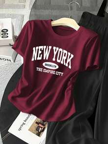 Resyla 女士字母印花褶皱圆领短袖T恤和阔腿裤休闲两件套 - 彩色 - 查看 4