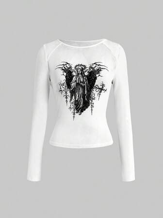 Grunge Punk Camiseta de manga larga de ajuste ceñido con estampado floreado del símbolo cibernético de la Virgen María para mujeres