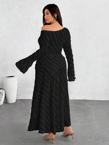 Firerie Plus Size Women's Elegant Textured Fabric Irregular Collar Flare Sleeve Fitted Top And Skirt 2 Pieces Set, Suitable For Spring/Autumn Vacation Black Dresses For Women Long Dresses - Black - View 3