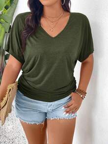 SHEIN Frenchy Áo thun nữ cỡ lớn mùa hè màu trơn cổ chữ V tay cánh dơi kiểu dáng thường ngày, phối lớp, thích hợp cho kỳ nghỉ. - Màu xanh lá cây đậm - Xem 4