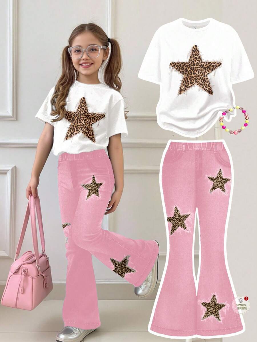 两件套少女休闲复古豹纹粉色仿牛仔星形图案宽松圆领短袖T恤和喇叭裤秋季套装 - 白色 - 查看 1