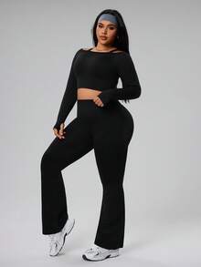 Gameset SHEIN Sport Damen Große Größen nahtloses Camisole Langarm Top und weite Hose Set - Schwarz - Übersicht 6