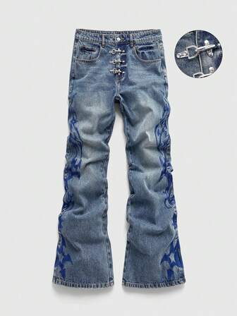 Street Life Men's Metal Button Embroidered Layered Flare Leg Jeans