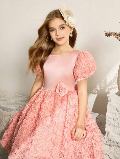 Tween Girl 3D Floral Decor Evening Dress, Princess Gown For Party Tween Dresses Puff Sleeve Tween Girls Elegant Dress That Is Light Pink Girls Puff Sleeve Dress Peach Dresses For Girls Puff Sleeve Elegant Dress Dress Salmon Pink For Girl Tween Girls Dress Elegant Dress Light Pink