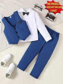 SHEIN 2pcs/Set Tween Boy Gentleman Outfit - Solid Color Waistcoat And Solid Color Trousers With Bow Tie & Suspender, Fashionable For Birthday Party, Formal Event, Wedding, Christening, 1st Birthday - Royal Blue - View 3