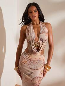 Opulessa 女士贝壳印花深V领镂空修身性感时尚连衣裙 - 卡其色 - 查看 7