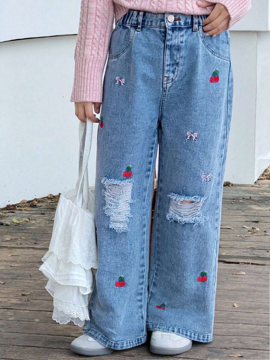 Girls' Y2K Straight Leg Jeans, Spring/Autumn New Arrival, Blue Washed, Cute Cherry Blossom & Bow Embroidery, Distressed Design, Casual Loose Fit, Elastic Waist, Versatile For Daily, Party, School, Travel, Commute, 25 Autumn New Collection - Medium Wash - View 1
