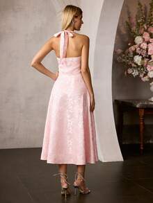 MOTF Soiréza WOMEN'S ELEGANT FORM-FITTING HALTER NECK SLEEVELESS LONG PARTY GOWN – WOVEN JACQUARD FABRIC WITH INTRICATE PATTERN, IDEAL FOR WEDDINGS, GALAS, FORMAL EVENINGS & HOLIDAY PARTIES - Pink - View 3